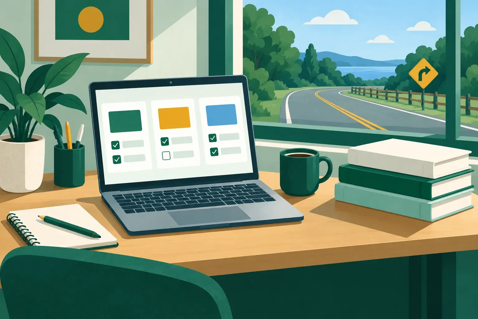 A study desk with a laptop showing quiz cards, manuals and a road outside the window
