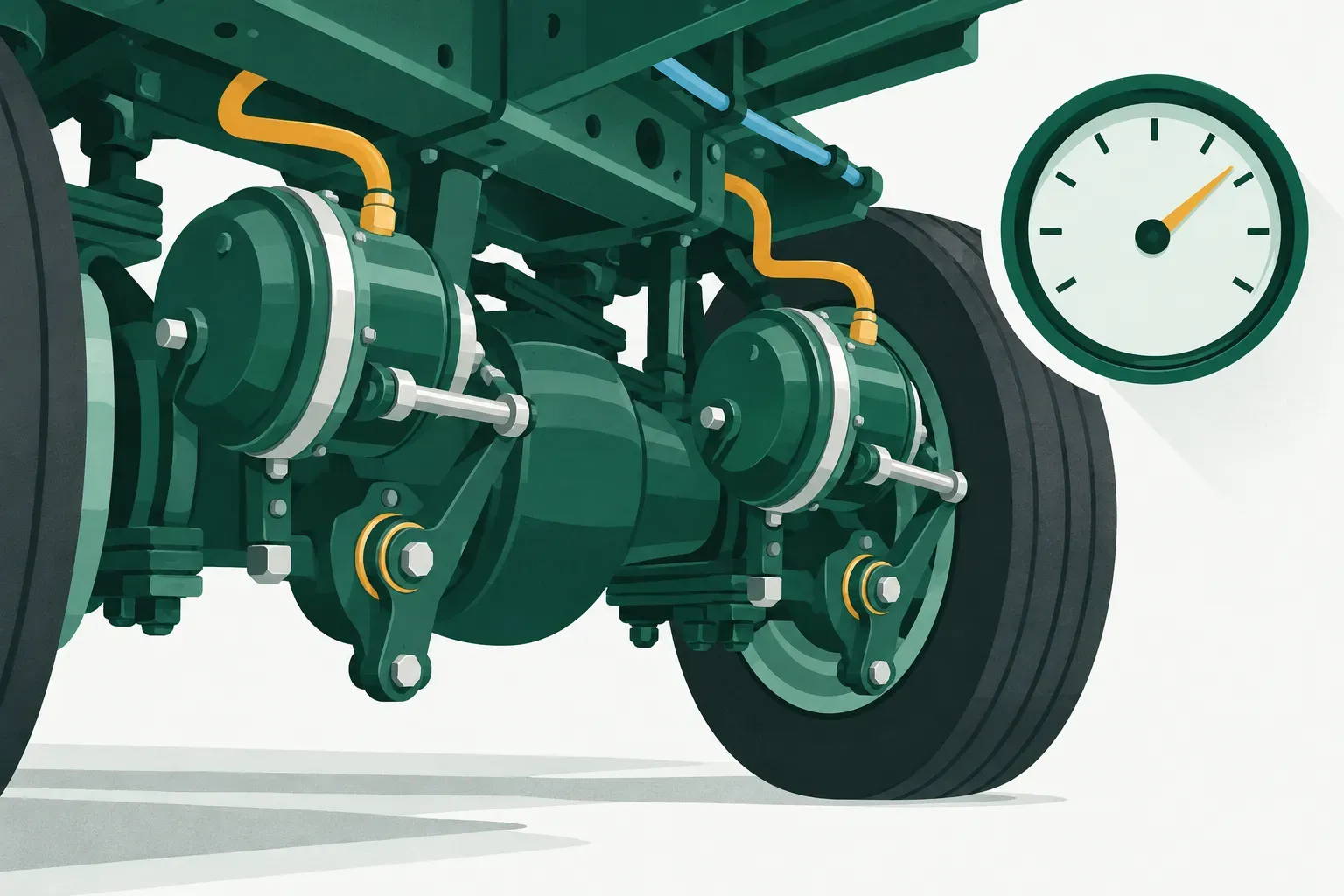 Air brake chambers and hoses under a truck, with a pressure gauge