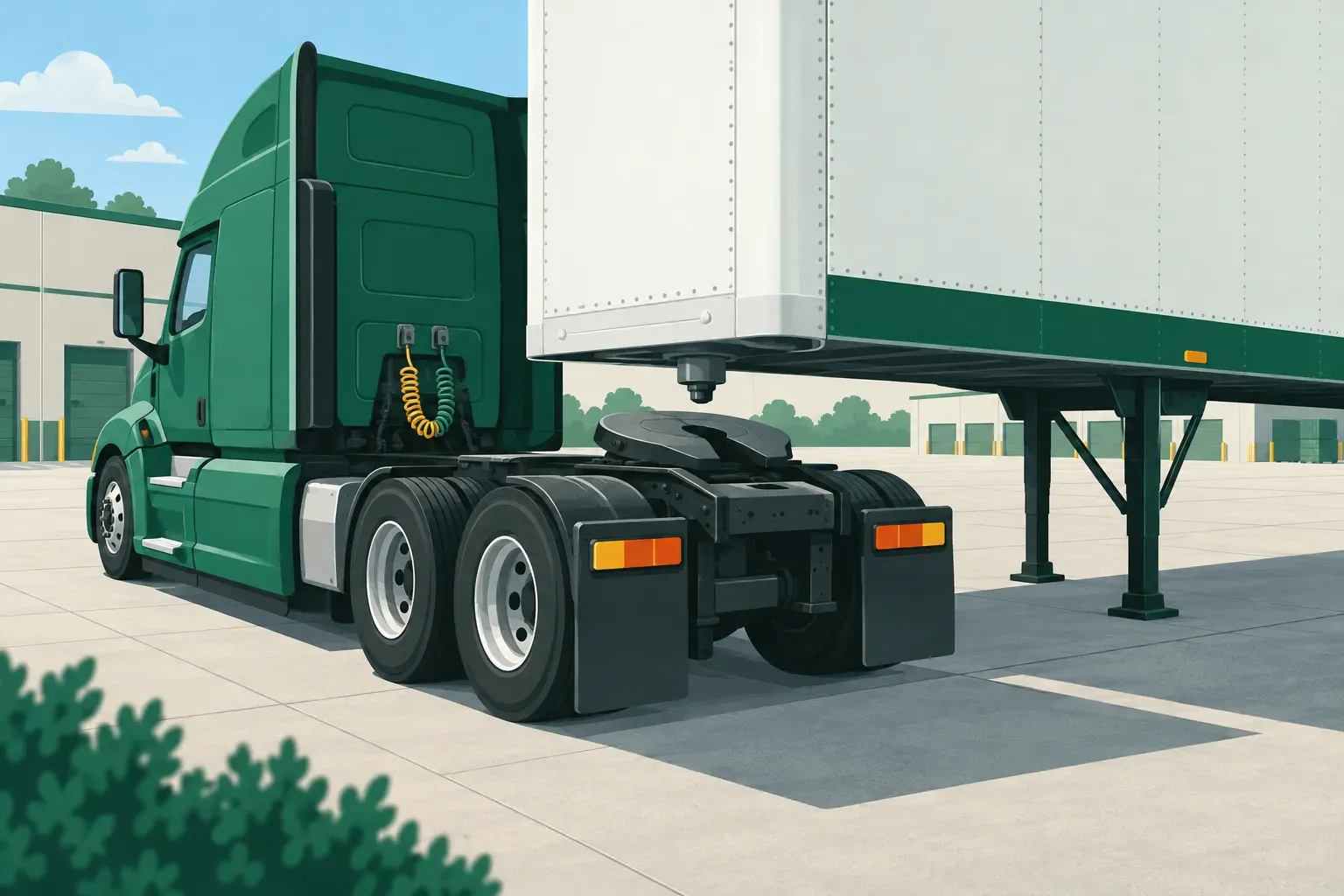 A tractor backing under a trailer to couple it in a truck yard