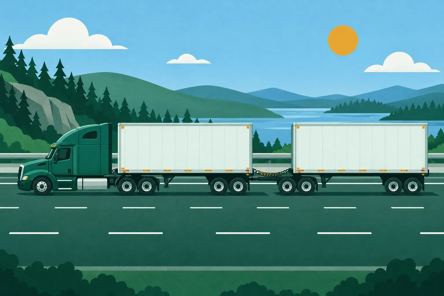 A truck pulling two trailers on a wide highway