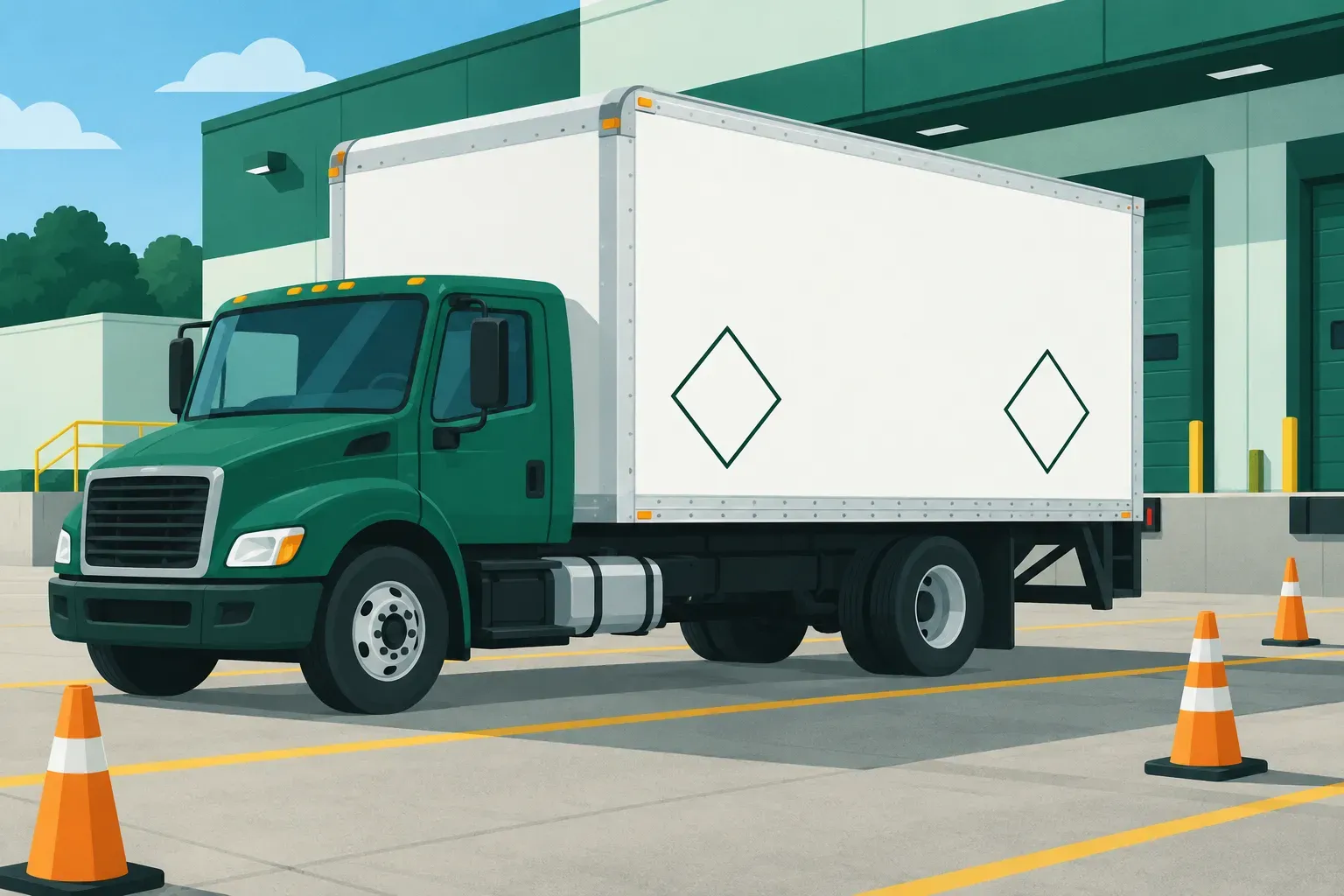 A truck with blank diamond placards at an industrial loading area