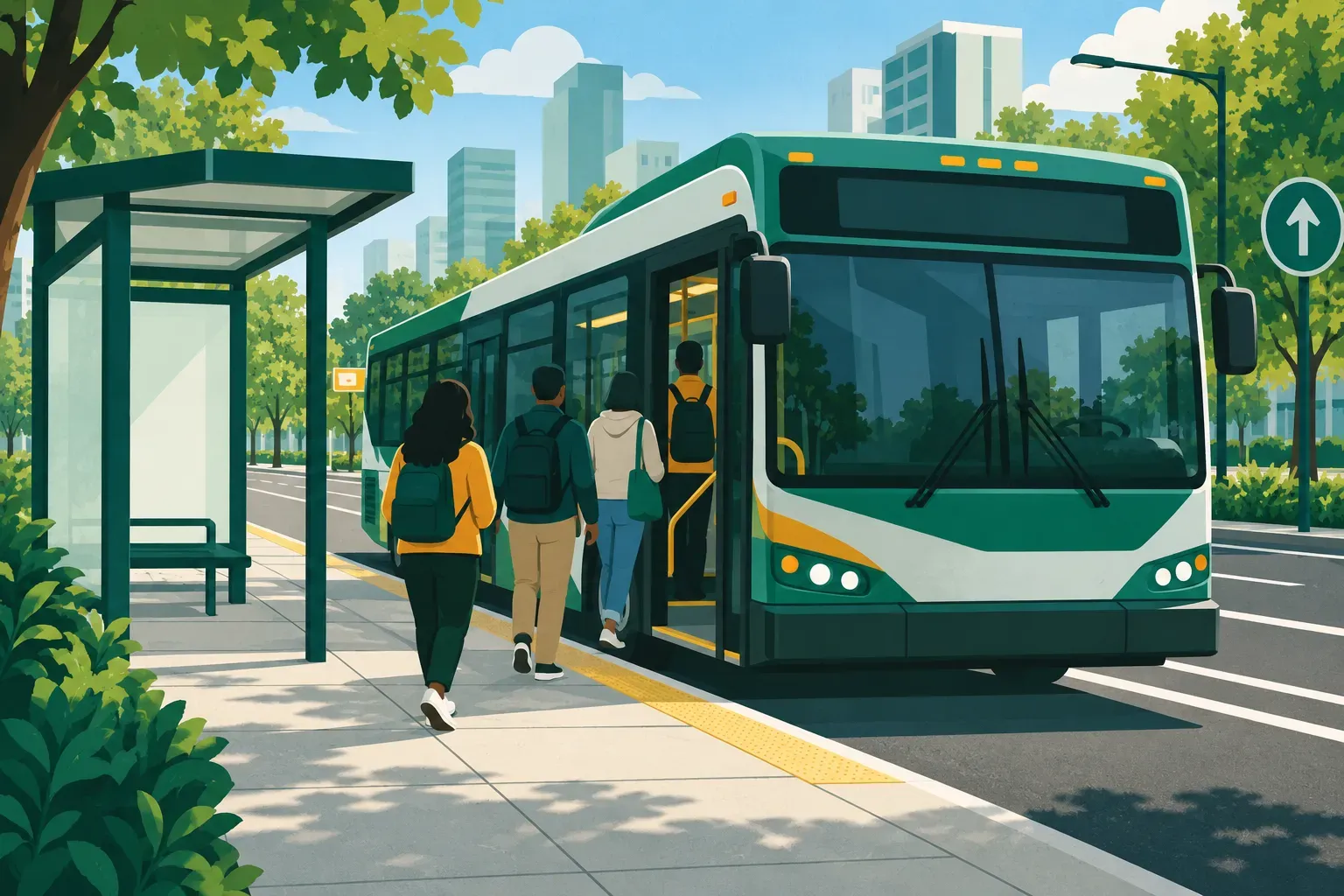 A city bus at a stop with passengers boarding
