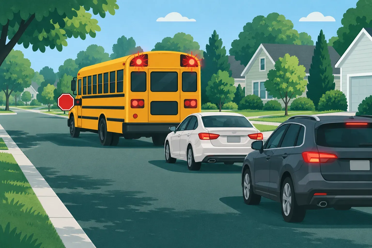 A school bus stopped with its stop arm extended and cars waiting