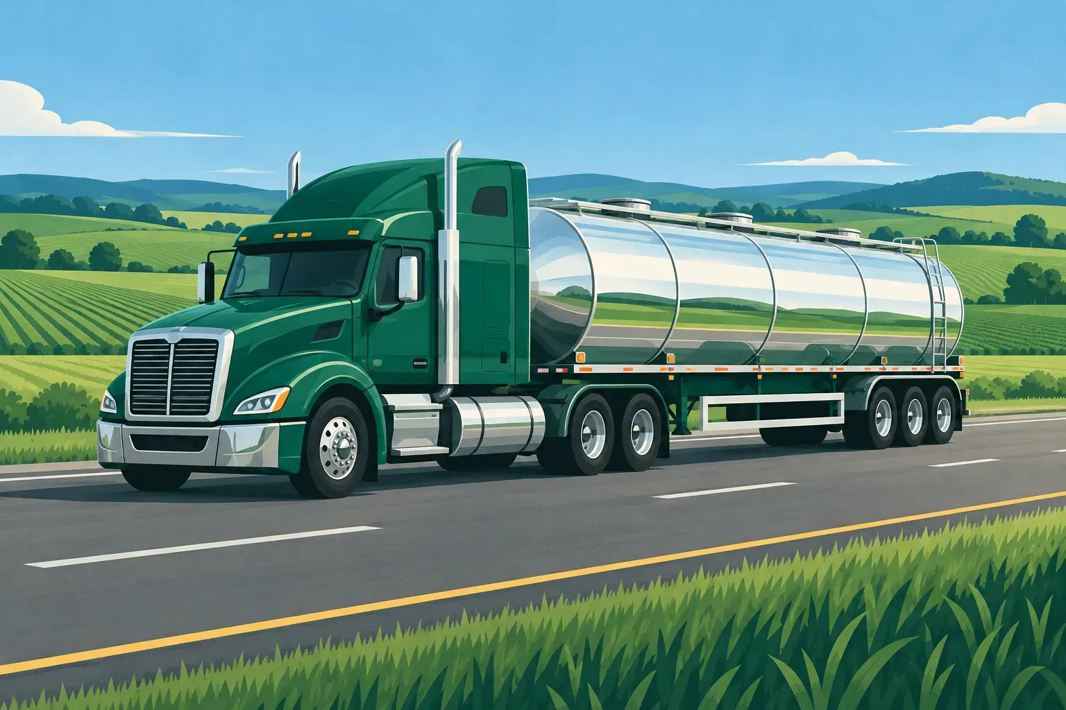 A stainless steel tank truck on a highway through farmland