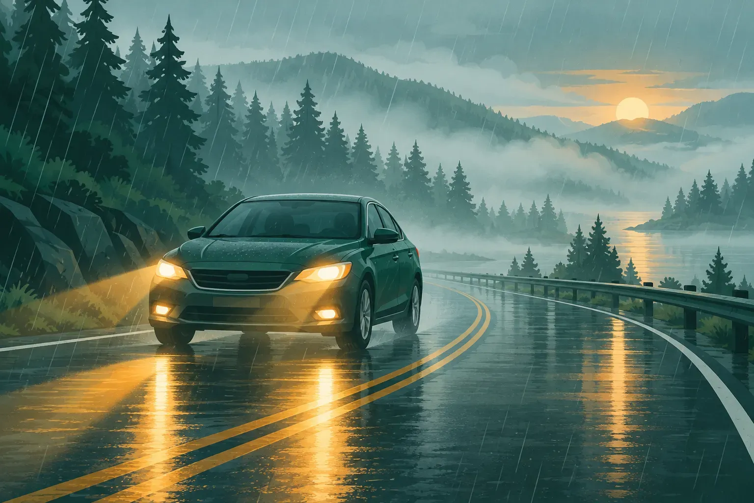 A car with headlights on driving on a wet, foggy road at dusk