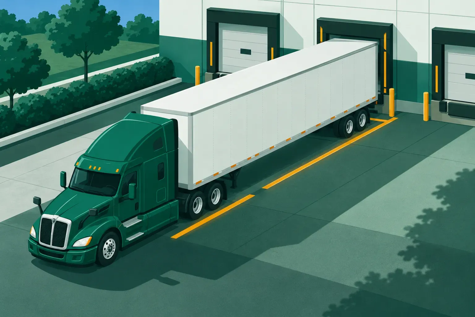 A tractor-trailer backing into a warehouse loading dock