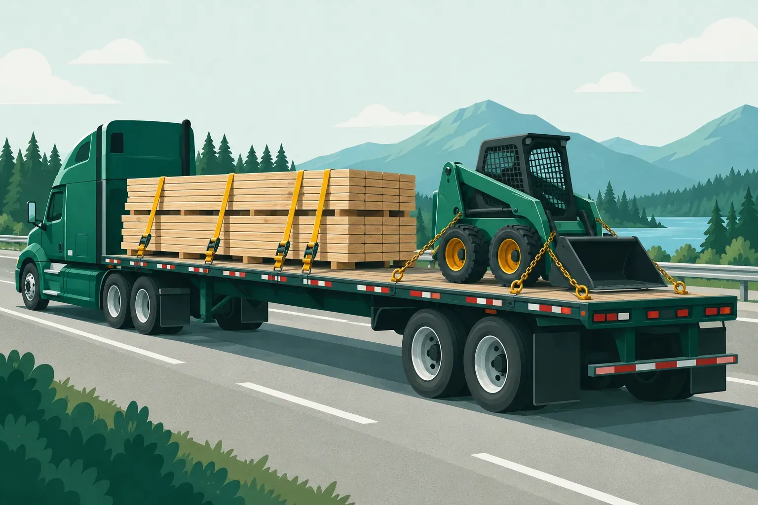 Cargo on a flatbed trailer secured with straps and chains