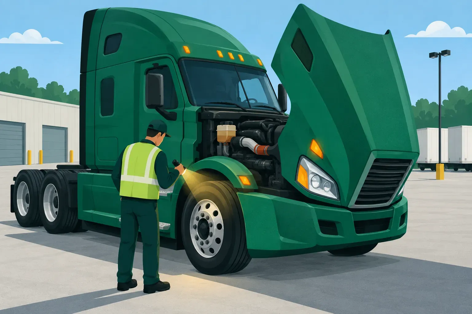 A driver inspecting a semi truck with the hood open