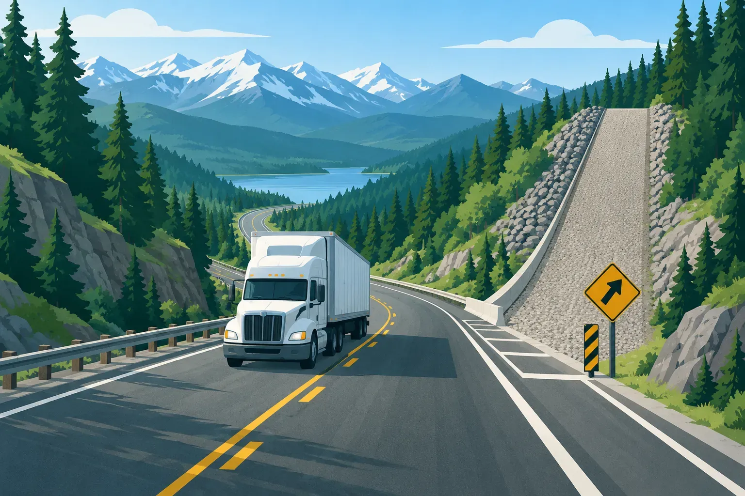 A semi truck descending a mountain grade beside a gravel escape ramp