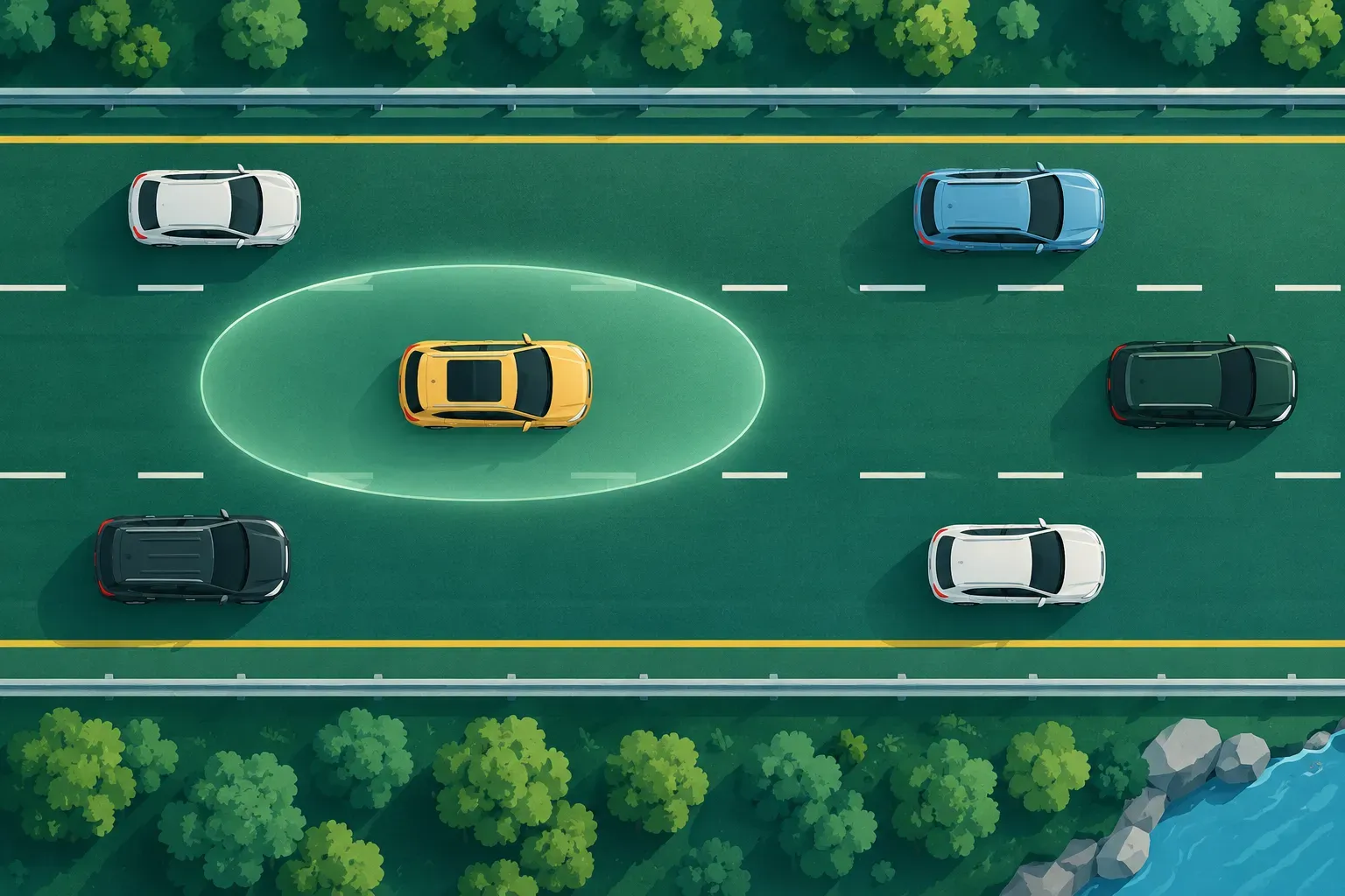 A car on a highway with a cushion of space around it