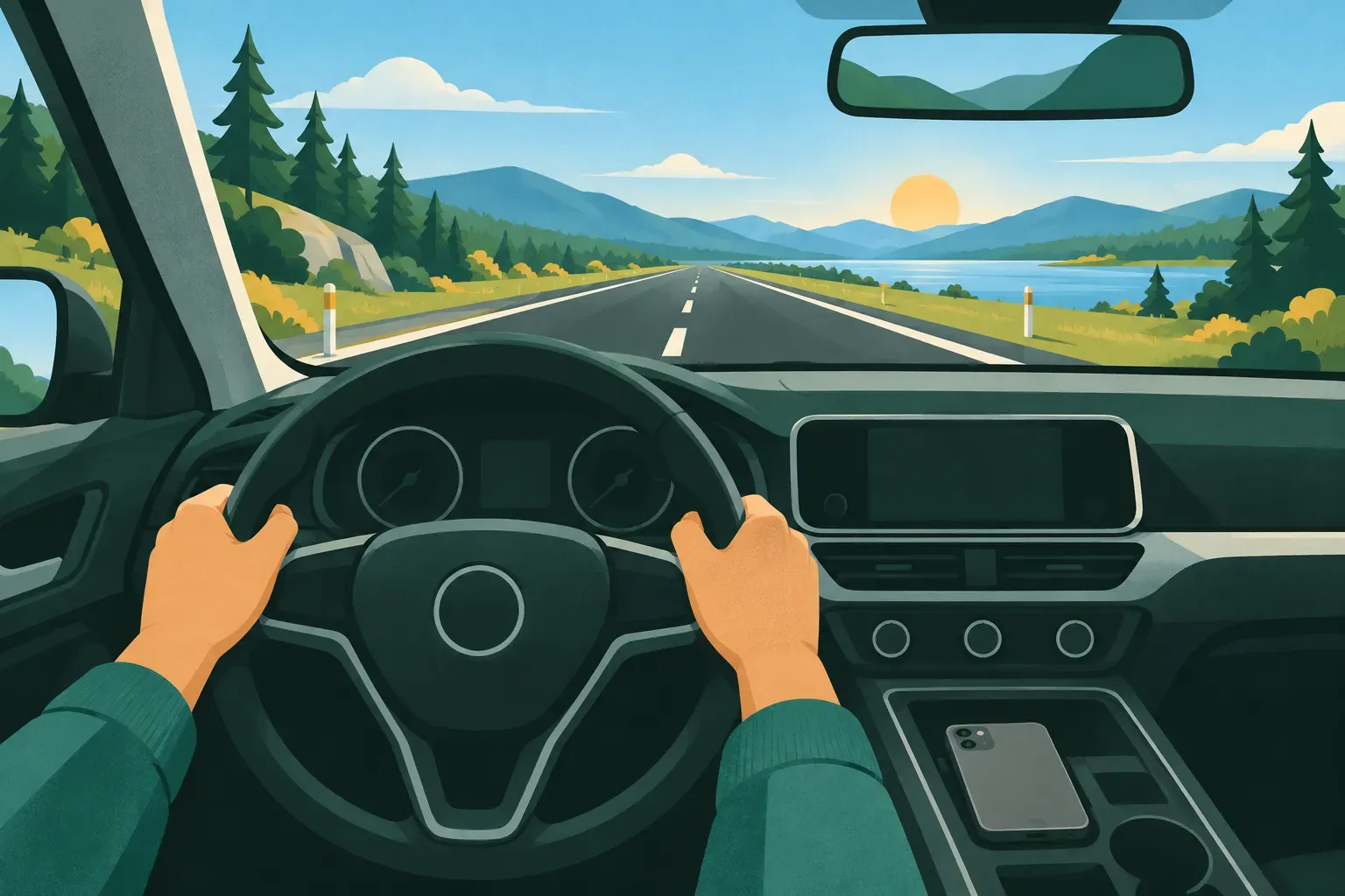 A driver's view of the road with a phone face down in the console