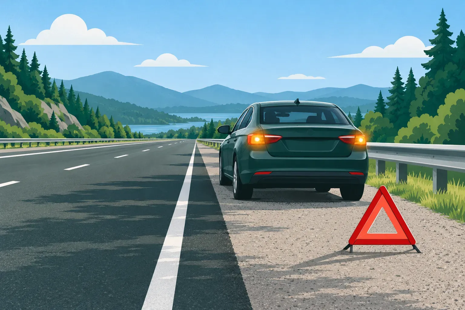 A car stopped on the shoulder with hazard lights and a warning triangle behind it