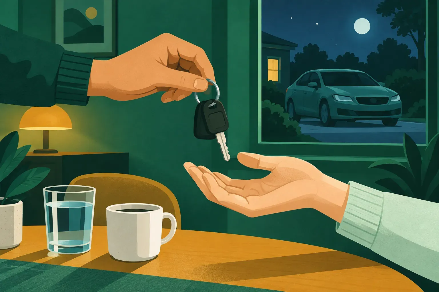 Car keys handed from one person to another, with a glass of water and coffee
