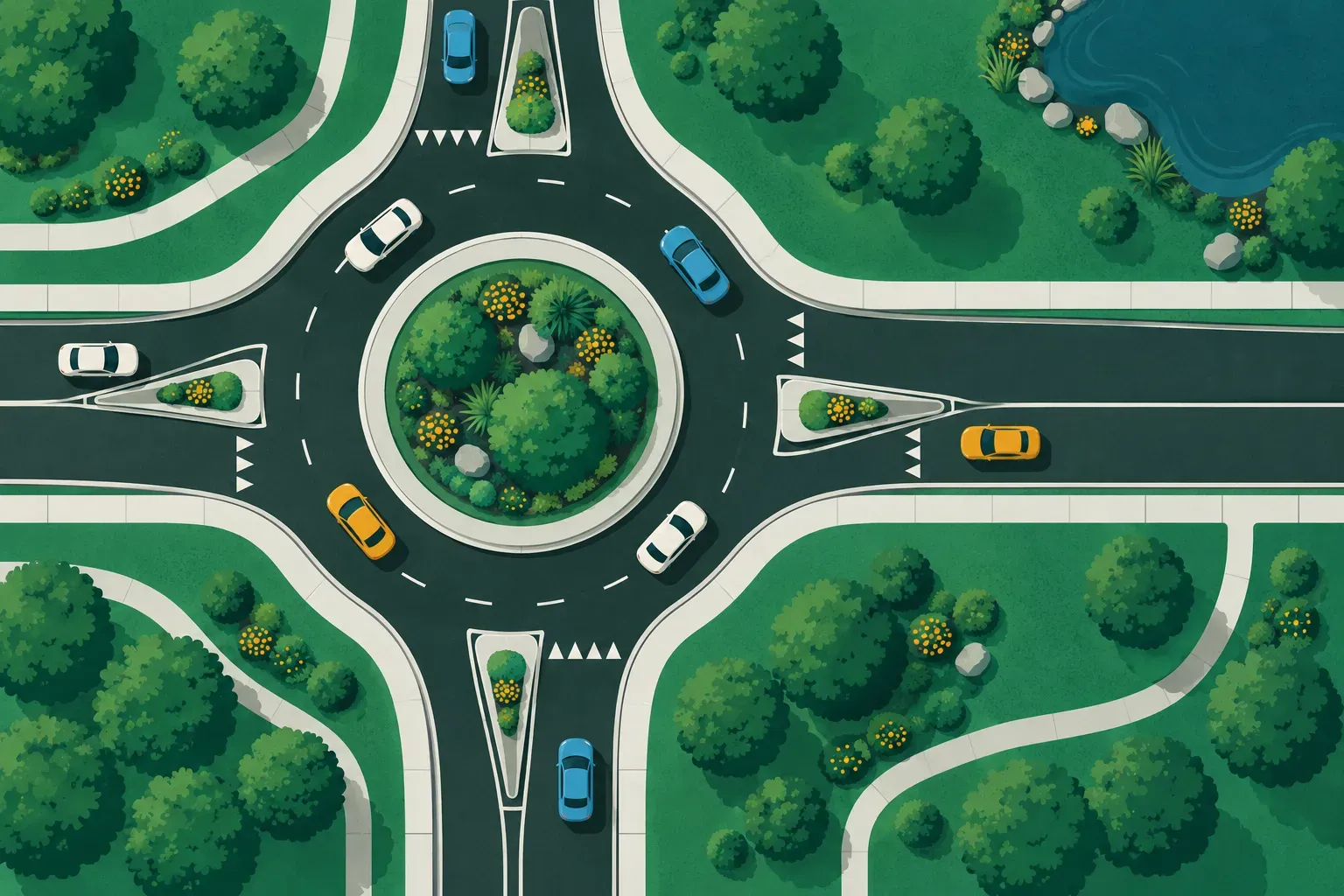 An aerial view of a roundabout with cars circulating
