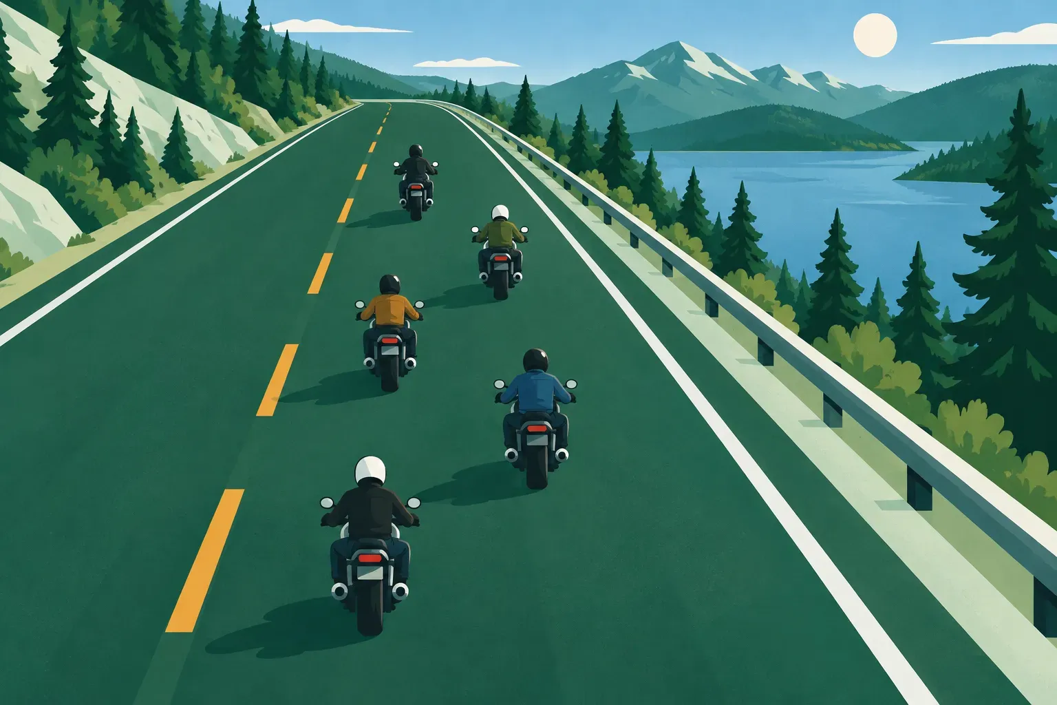 A group of motorcycles riding in staggered formation