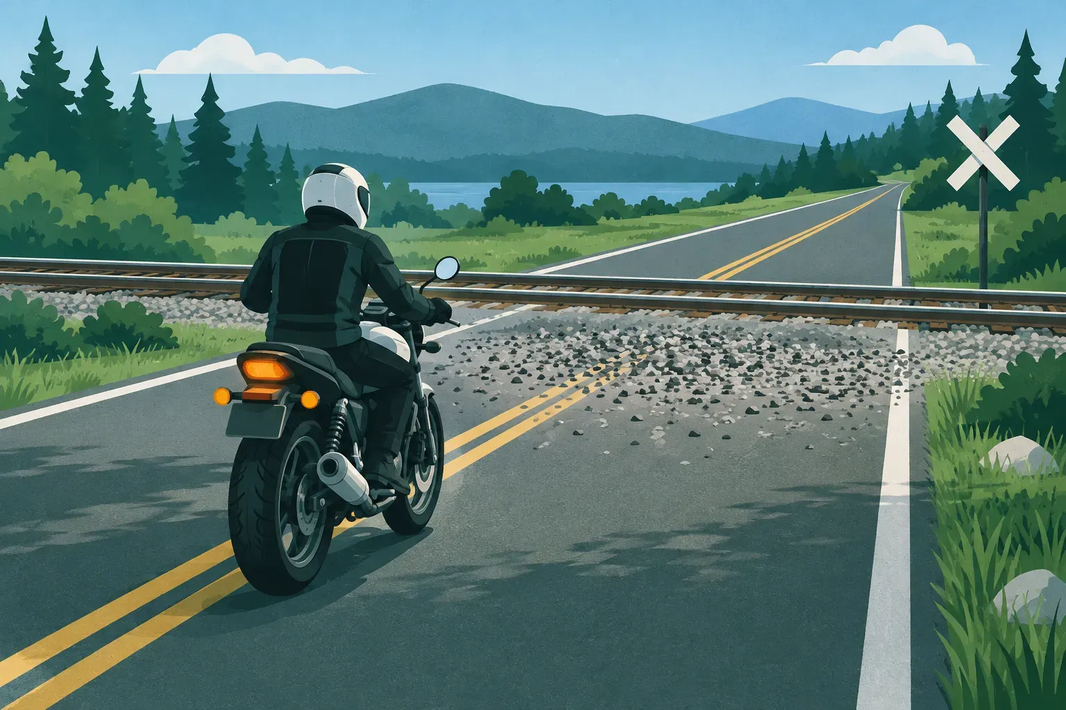A motorcycle approaching loose gravel and railroad tracks