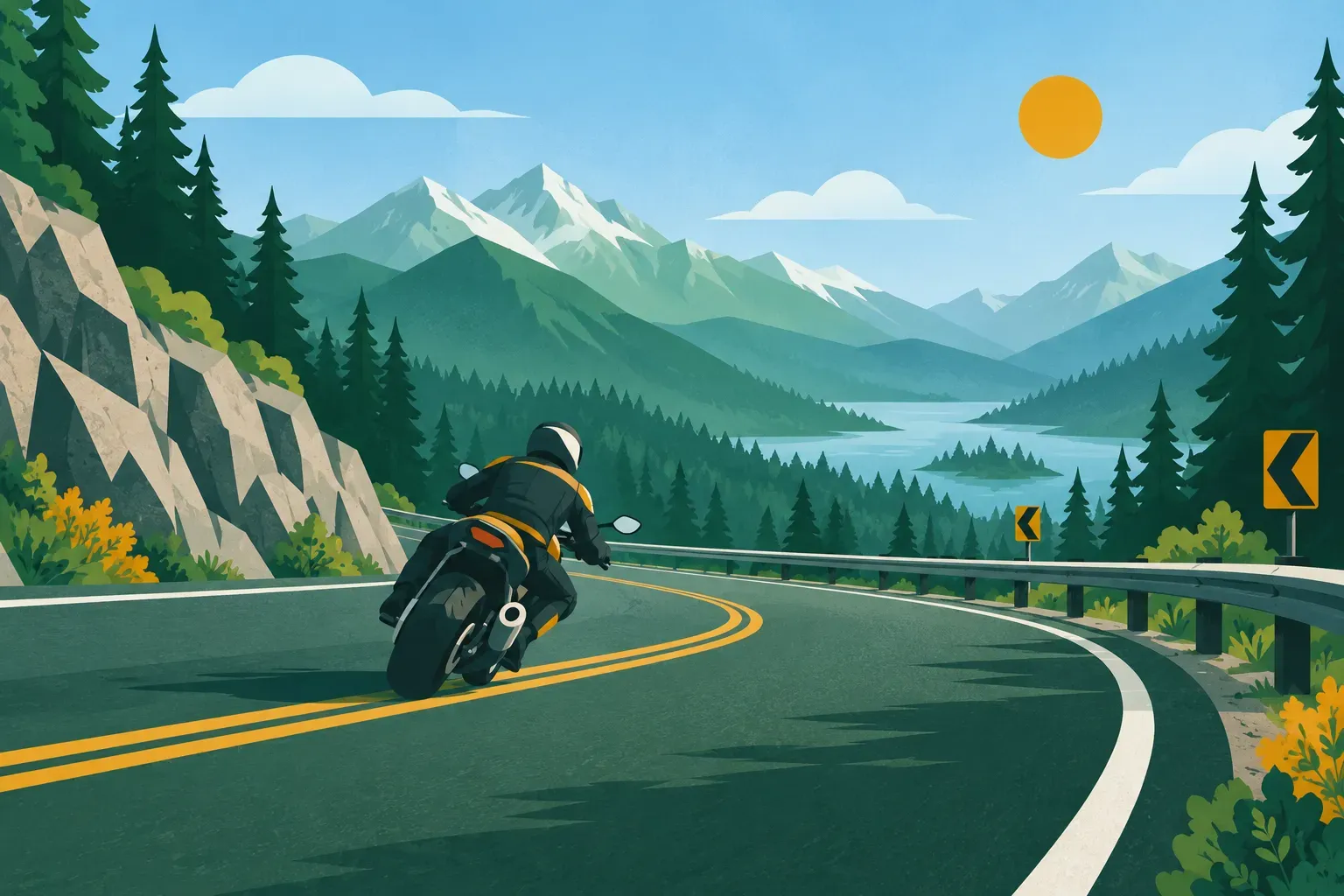 A motorcyclist leaning into a curve on a mountain road