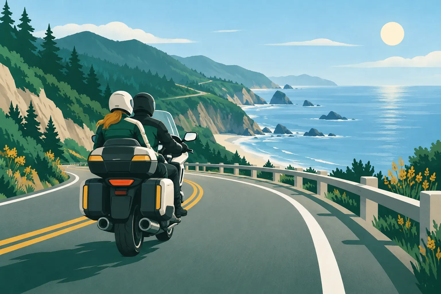 A rider and a passenger on a touring motorcycle along a coastal road