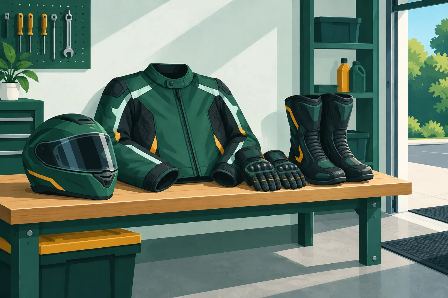 A motorcycle helmet, jacket, gloves and boots arranged on a bench