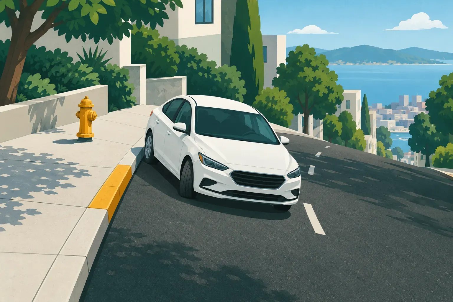 A car parked on a hill with its wheels turned toward the curb