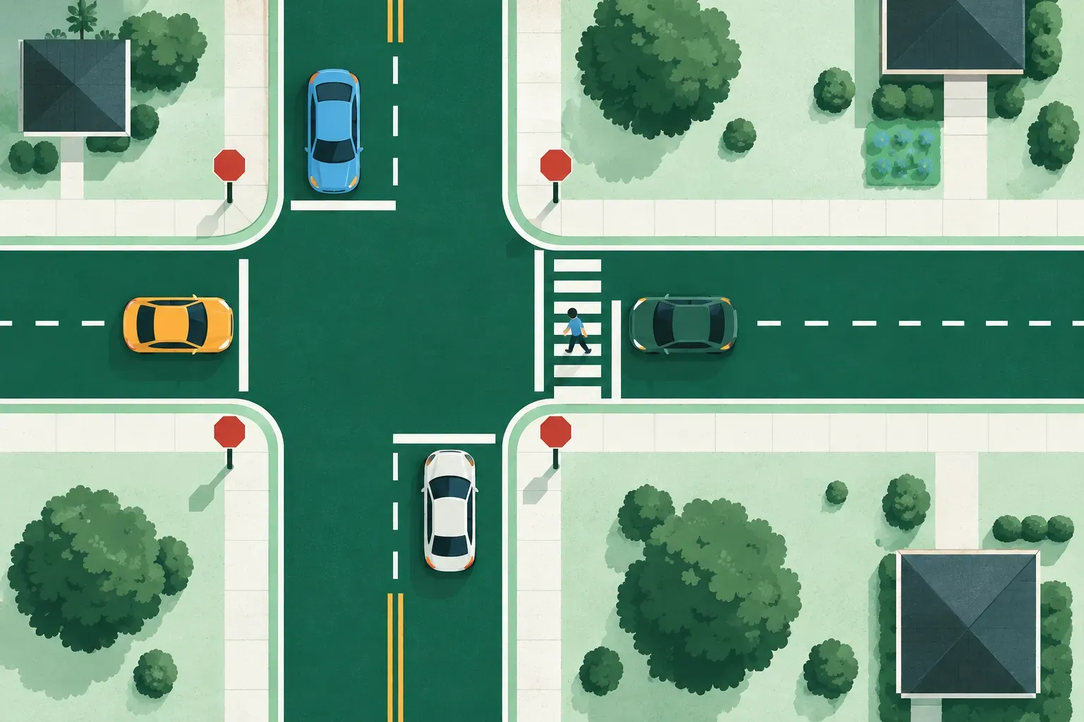 An aerial view of a four-way stop with cars taking turns