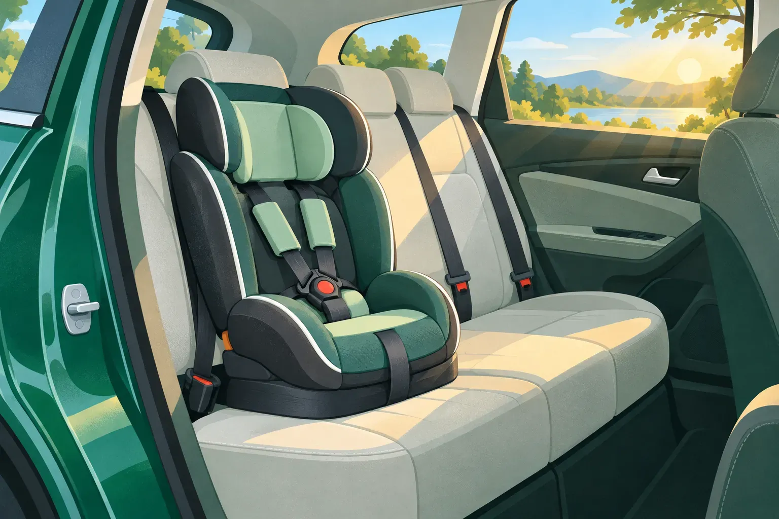 Fastened seat belts and a child safety seat in the back of a car