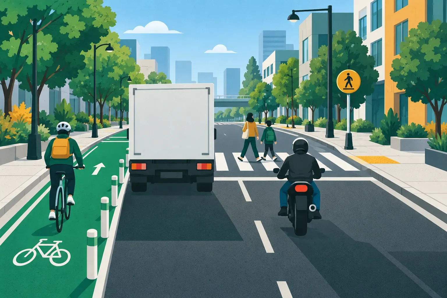 A street shared by a cyclist, pedestrians, a truck and a motorcycle