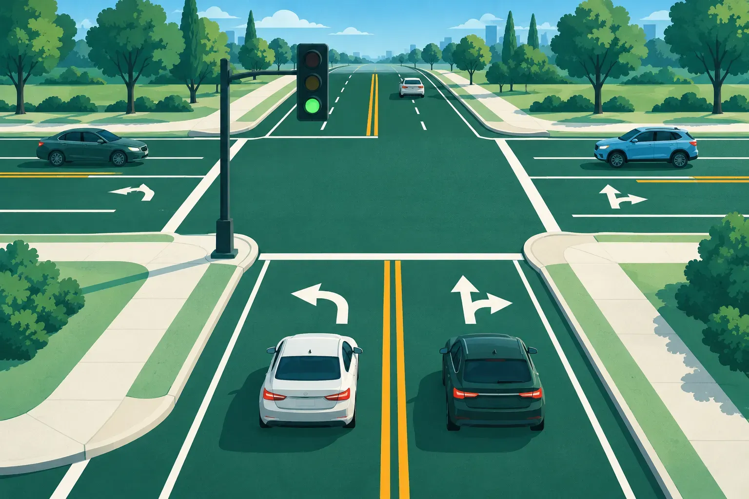 A traffic light over an intersection with painted lane arrows and lines