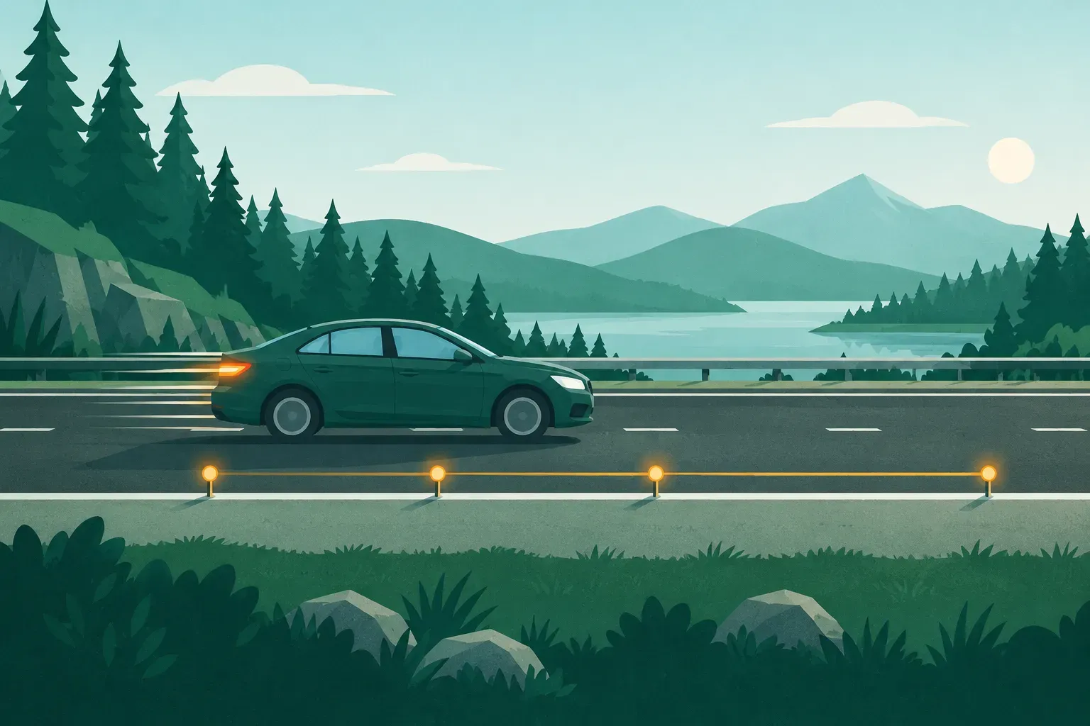 A car braking on a straight road with markers showing stopping distance