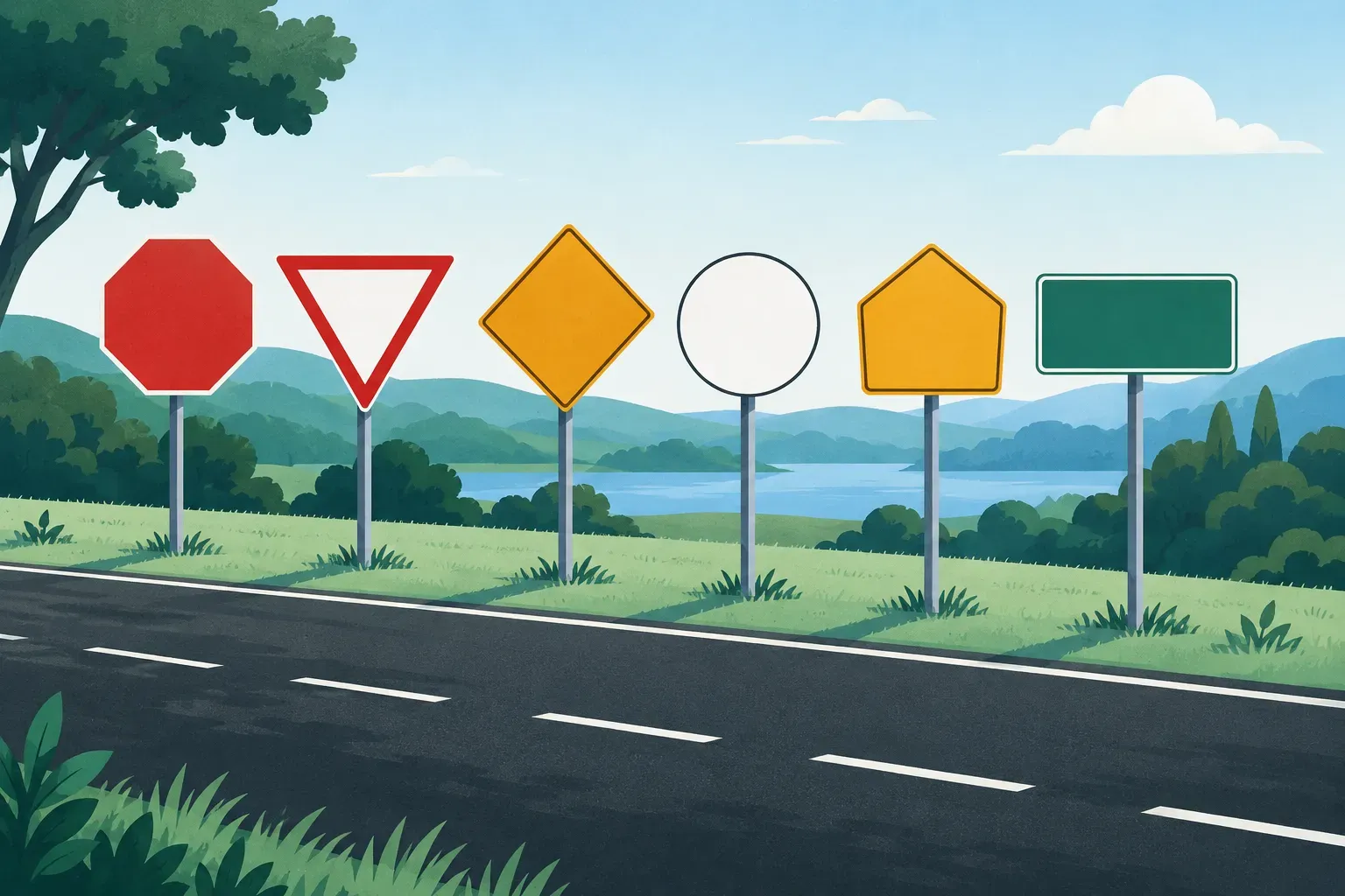 Road sign shapes of different colors on posts along a road