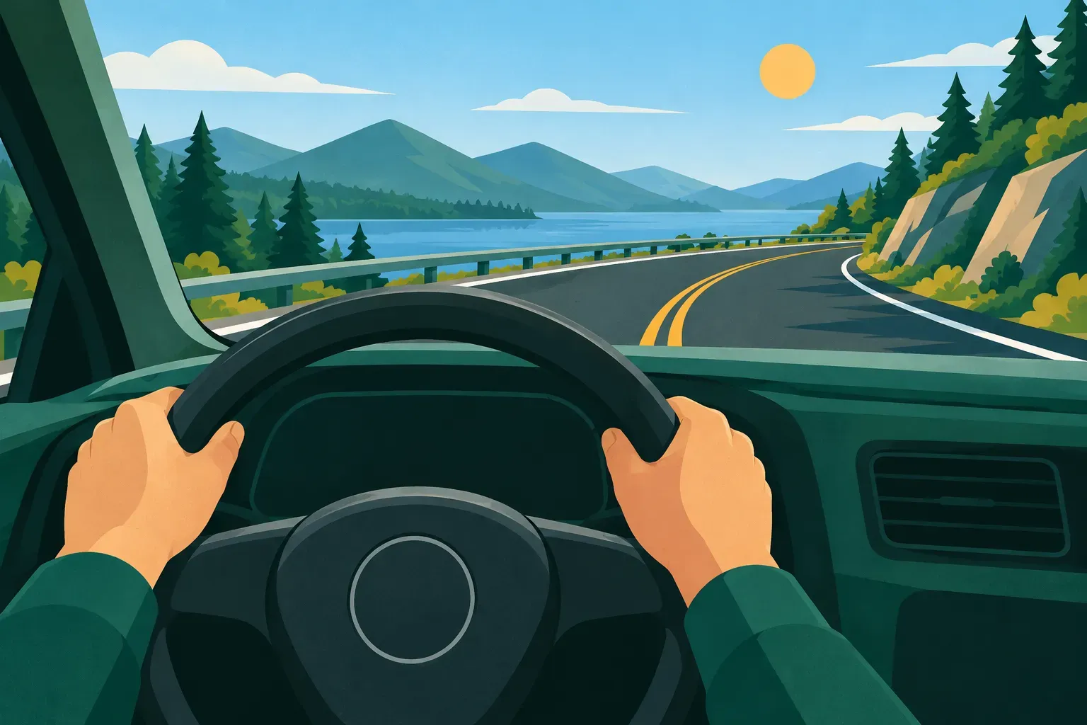 Two hands on a steering wheel with a curving road ahead